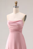 Dusty Rose Satin Strapless A Line Long Bridesmaid Dress