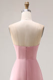 Dusty Rose Satin Strapless A Line Long Bridesmaid Dress