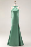 Satin Eucalyptus Neck Scarf Mermaid Long Bridesmaid Dress