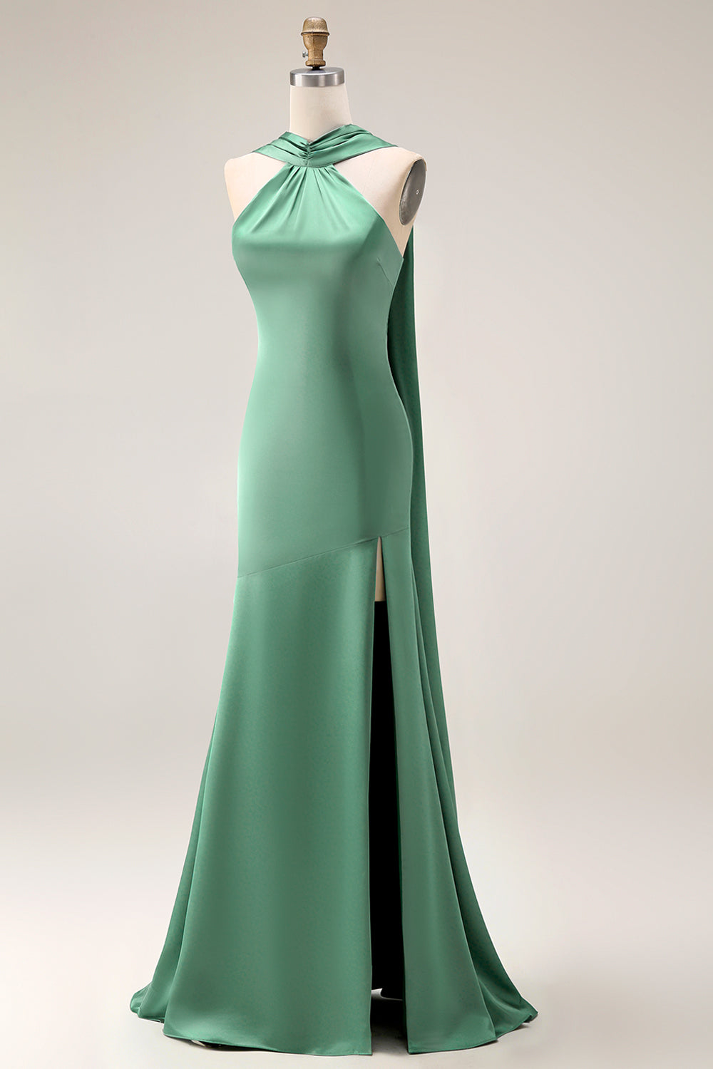 Satin Eucalyptus Neck Scarf Mermaid Long Bridesmaid Dress