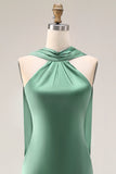 Satin Eucalyptus Neck Scarf Mermaid Long Bridesmaid Dress
