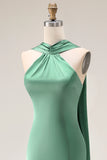 Satin Eucalyptus Neck Scarf Mermaid Long Bridesmaid Dress