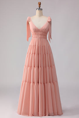 Blush Chiffon A Line V-Neck Long Bridesmaid Dress with Bows