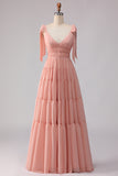 Blush Chiffon A Line V-Neck Long Bridesmaid Dress with Bows