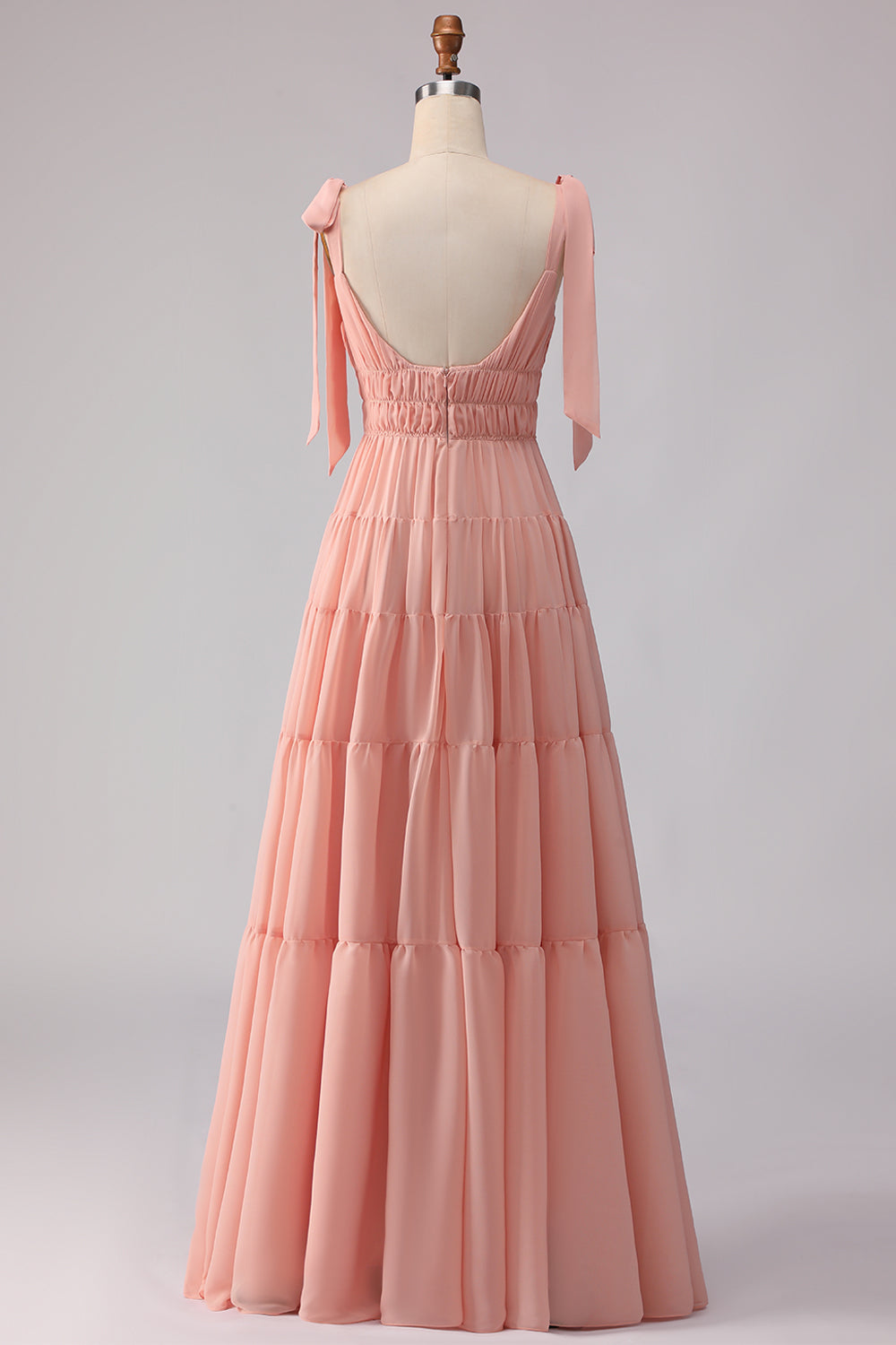 Blush Chiffon A Line V-Neck Long Bridesmaid Dress with Bows