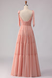 Blush Chiffon A Line V-Neck Long Bridesmaid Dress with Bows