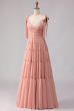 Blush Chiffon A Line V-Neck Long Bridesmaid Dress with Bows