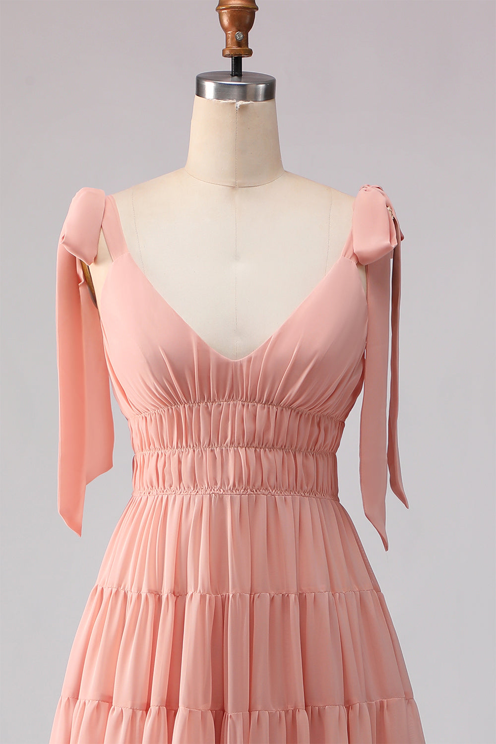 Blush Chiffon A Line V-Neck Long Bridesmaid Dress with Bows