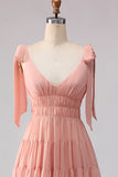 Blush Chiffon A Line V-Neck Long Bridesmaid Dress with Bows