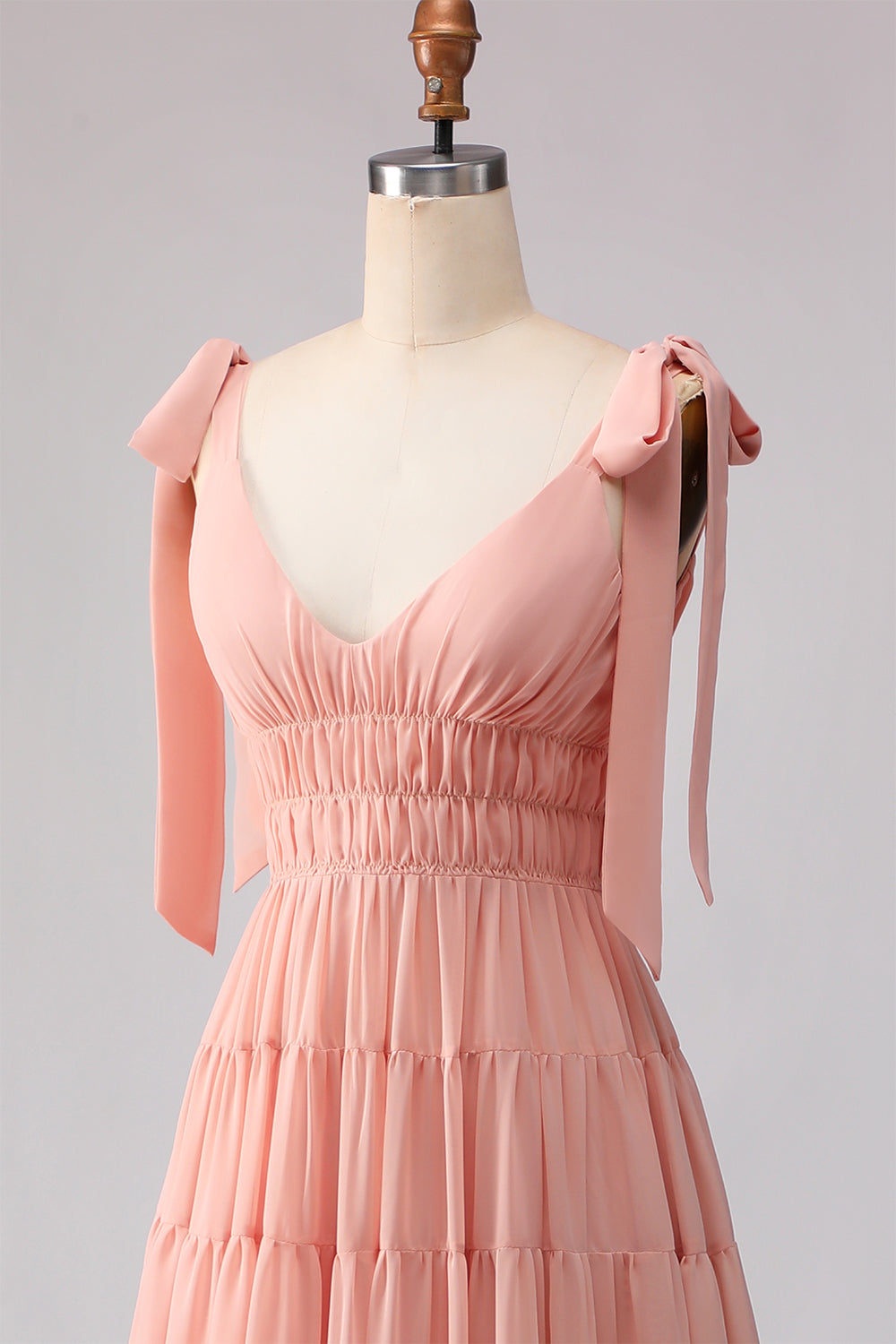 Blush Chiffon A Line V-Neck Long Bridesmaid Dress with Bows