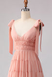 Blush Chiffon A Line V-Neck Long Bridesmaid Dress with Bows