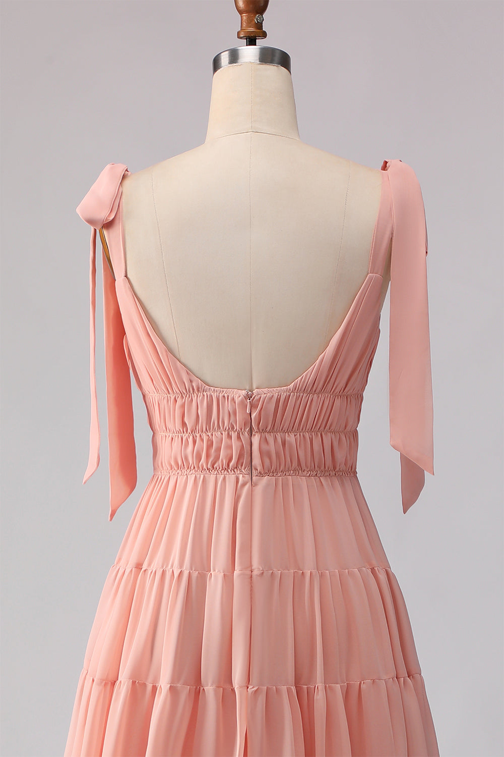 Blush Chiffon A Line V-Neck Long Bridesmaid Dress with Bows