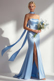 Mermaid Long Neck Scarf Satin Steel Blue Bridesmaid Dress with Slit
