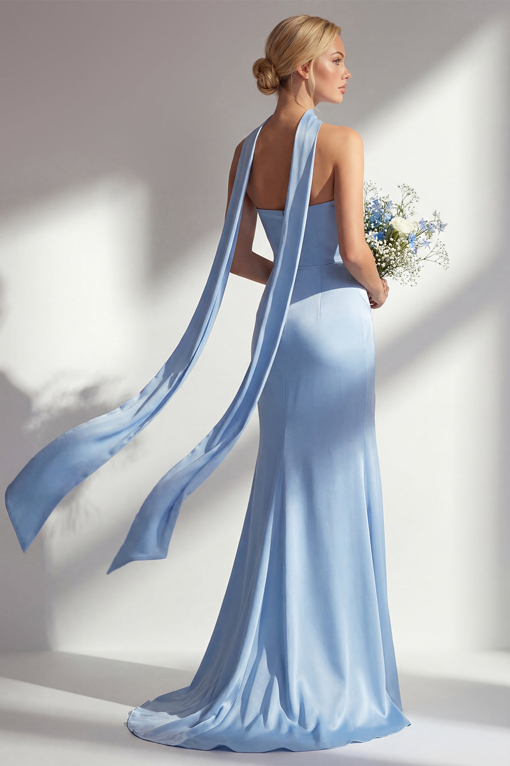 Mermaid Long Neck Scarf Satin Steel Blue Bridesmaid Dress with Slit
