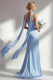 Mermaid Long Neck Scarf Satin Steel Blue Bridesmaid Dress with Slit