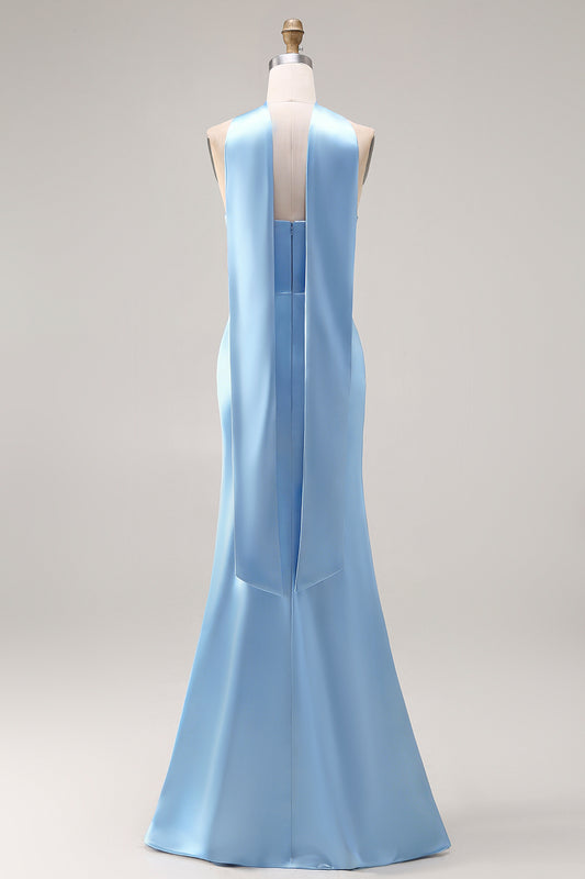 Mermaid Long Neck Scarf Satin Steel Blue Bridesmaid Dress with Slit