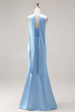 Mermaid Long Neck Scarf Satin Steel Blue Bridesmaid Dress with Slit