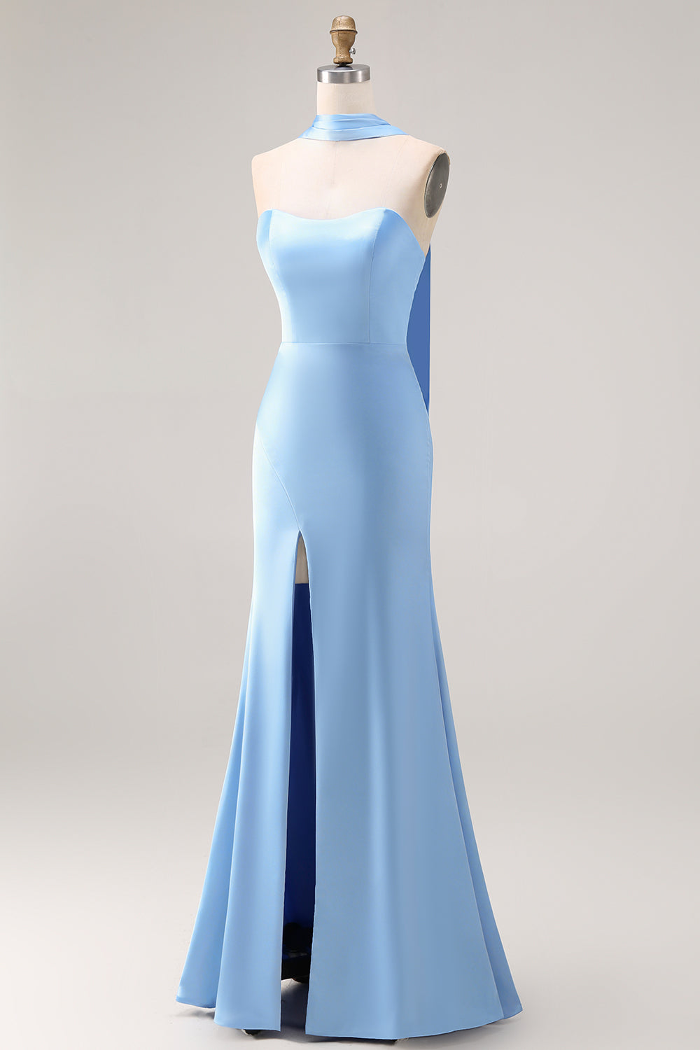 Zapakasa Women Steel Blue Mermaid Long Bridesmaid Dress with Slit Neck  Scarf Satin Wedding Guest Dress