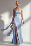 Mermaid Long Neck Scarf Satin Steel Blue Bridesmaid Dress with Slit