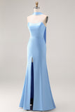 Mermaid Long Neck Scarf Satin Steel Blue Bridesmaid Dress with Slit