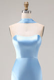 Mermaid Long Neck Scarf Satin Steel Blue Bridesmaid Dress with Slit