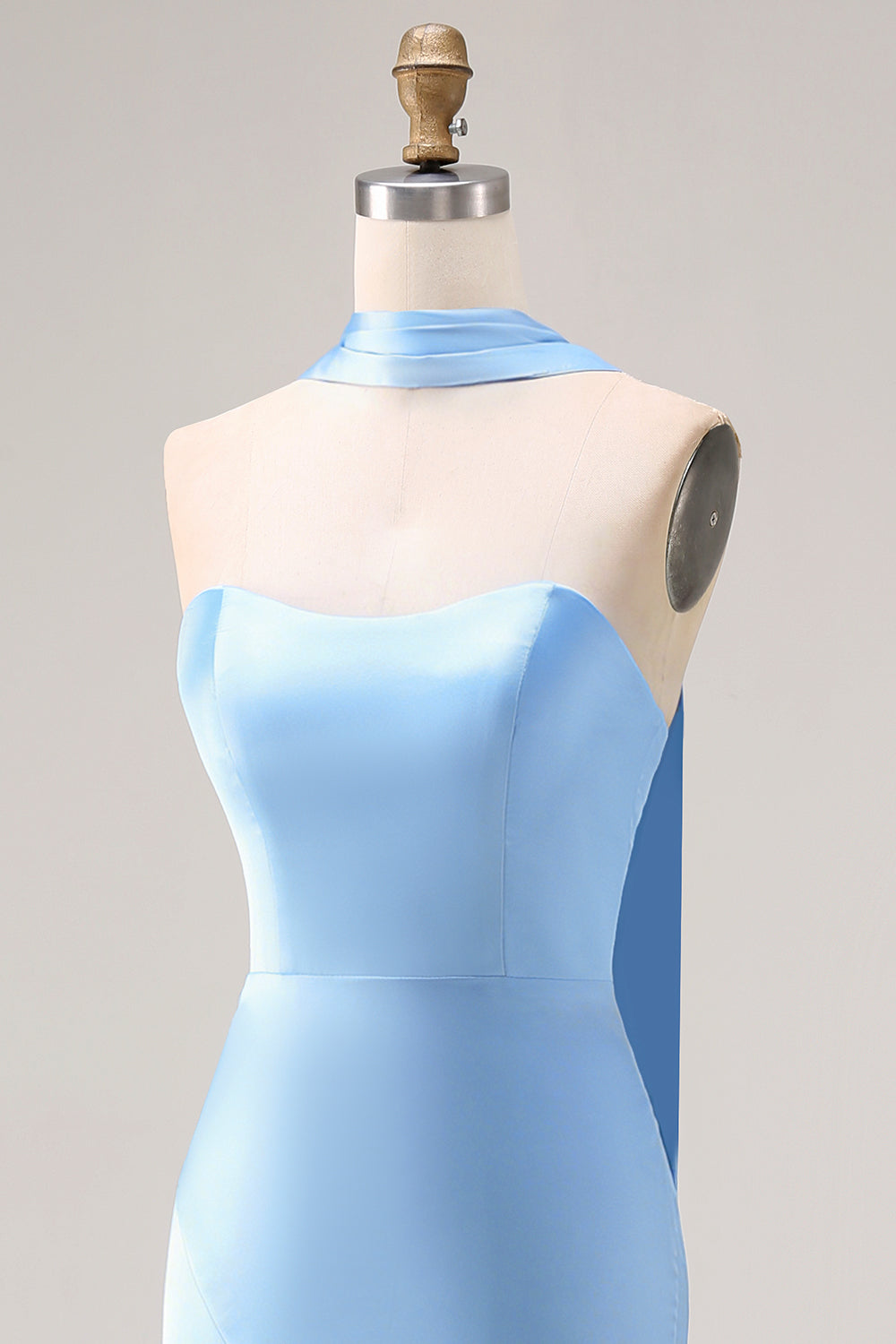 Mermaid Long Neck Scarf Satin Steel Blue Bridesmaid Dress with Slit