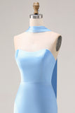 Mermaid Long Neck Scarf Satin Steel Blue Bridesmaid Dress with Slit