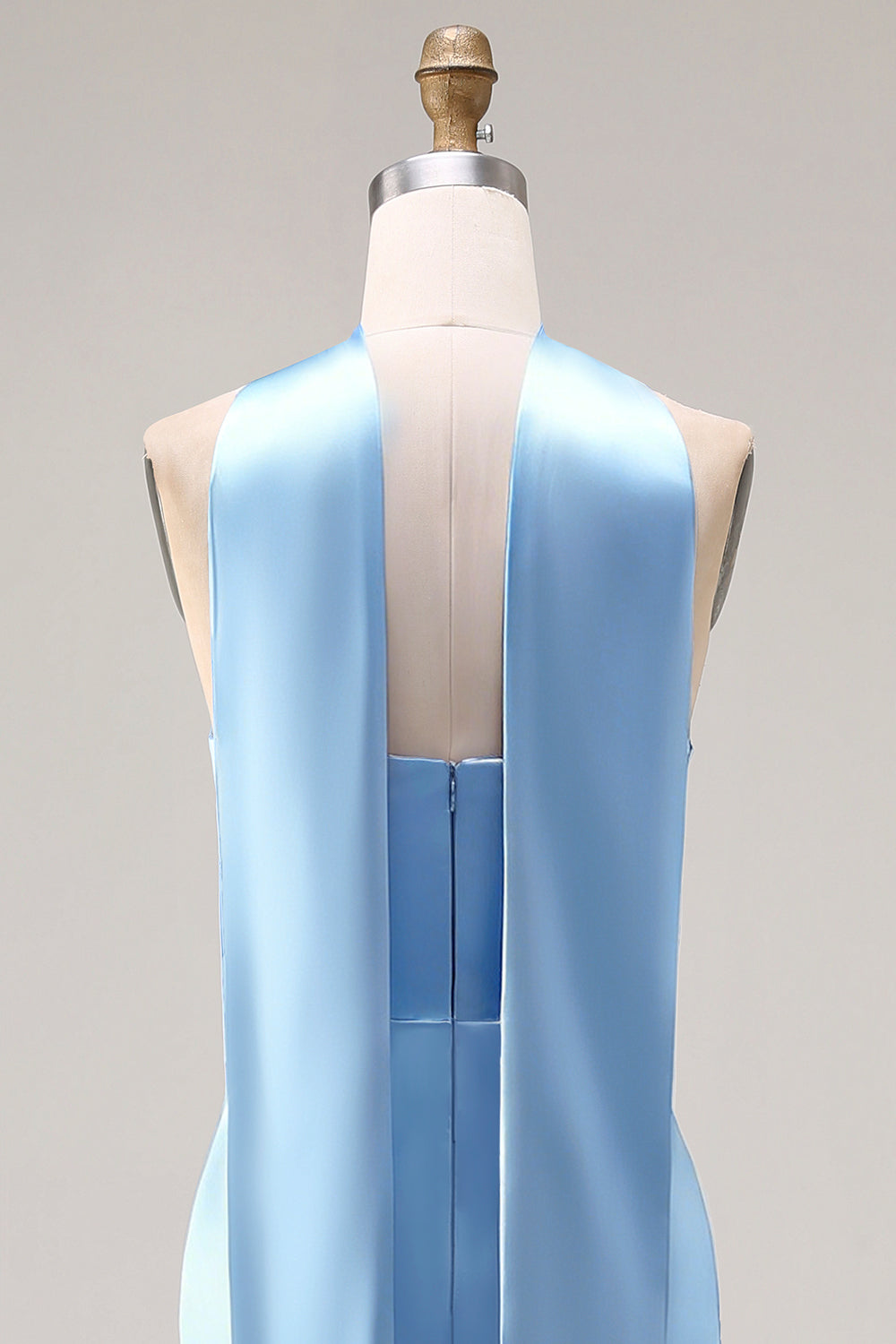 Mermaid Long Neck Scarf Satin Steel Blue Bridesmaid Dress with Slit