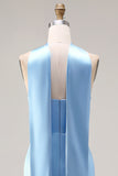 Mermaid Long Neck Scarf Satin Steel Blue Bridesmaid Dress with Slit