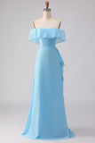 Chiffon Off the Shoulder Blue Long Bridesmaid Dress with Ruffles