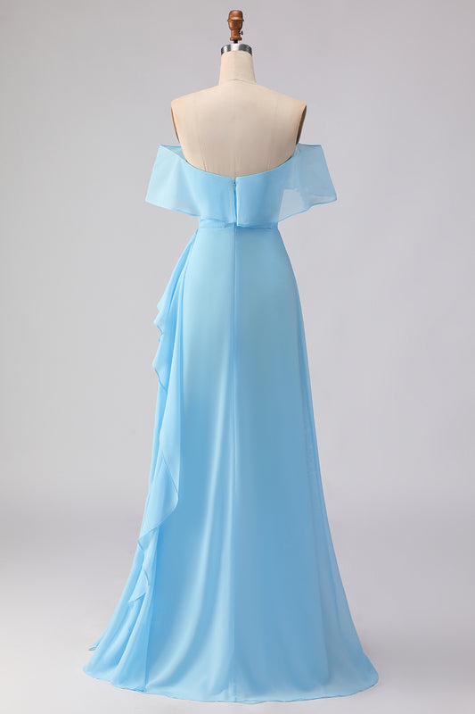 Chiffon Off the Shoulder Blue Long Bridesmaid Dress with Ruffles
