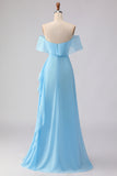 Chiffon Off the Shoulder Blue Long Bridesmaid Dress with Ruffles