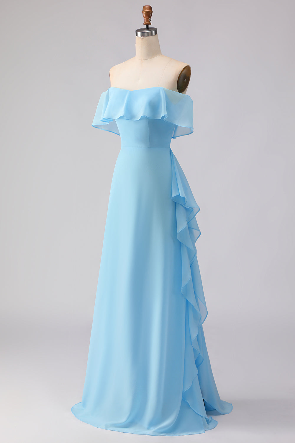 Chiffon Off the Shoulder Blue Long Bridesmaid Dress with Ruffles