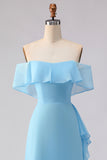 Chiffon Off the Shoulder Blue Long Bridesmaid Dress with Ruffles