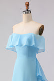 Chiffon Off the Shoulder Blue Long Bridesmaid Dress with Ruffles
