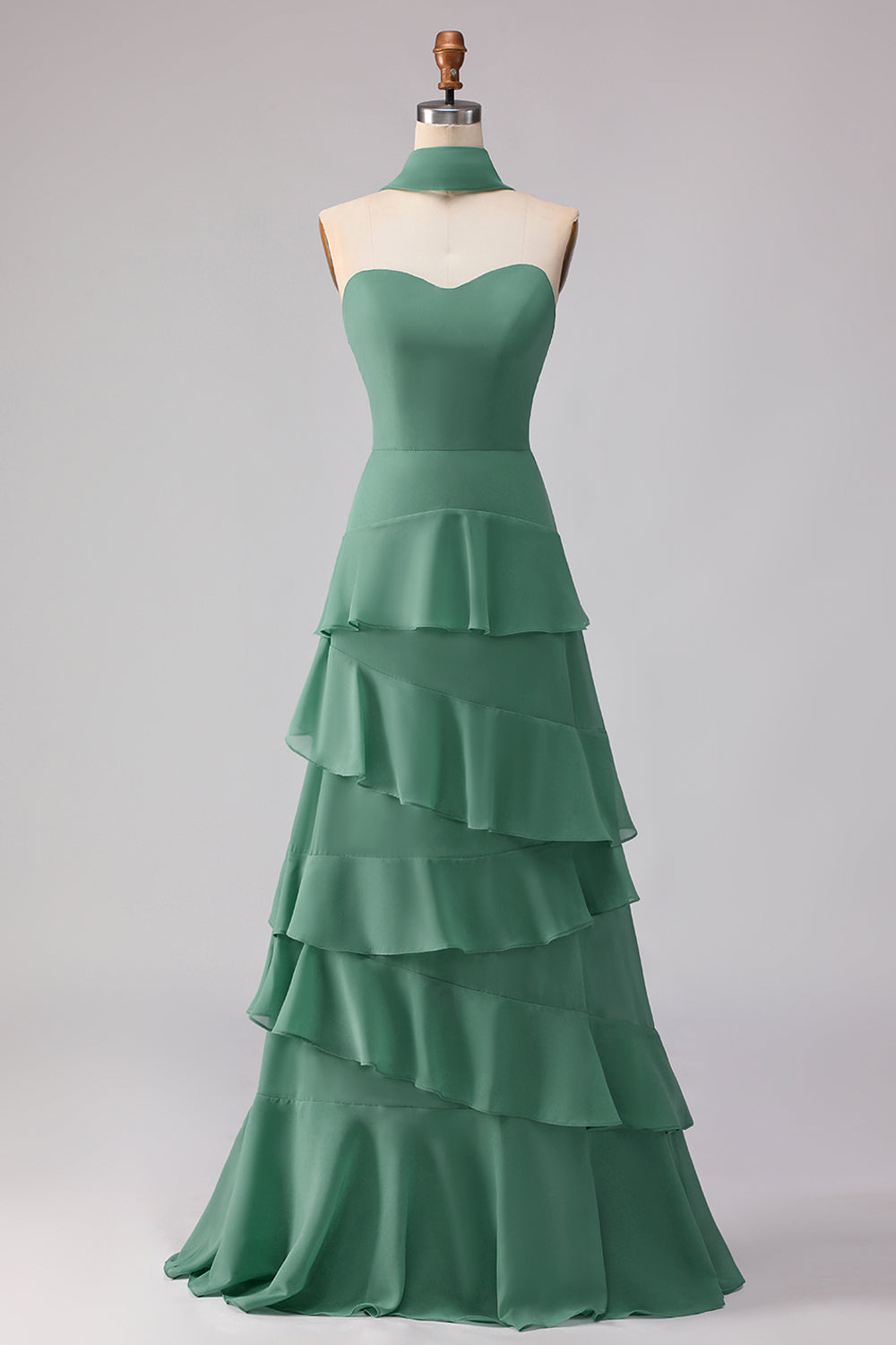 Eucalyptus Chiffon Sweetheart Ruffled Long Bridesmaid Dress