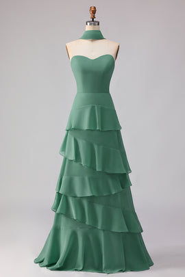 Eucalyptus Chiffon Sweetheart Ruffled Long Bridesmaid Dress