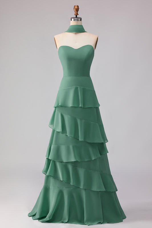 Eucalyptus Chiffon Sweetheart Ruffled Long Bridesmaid Dress