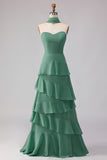 Eucalyptus Chiffon Sweetheart Ruffled Long Bridesmaid Dress