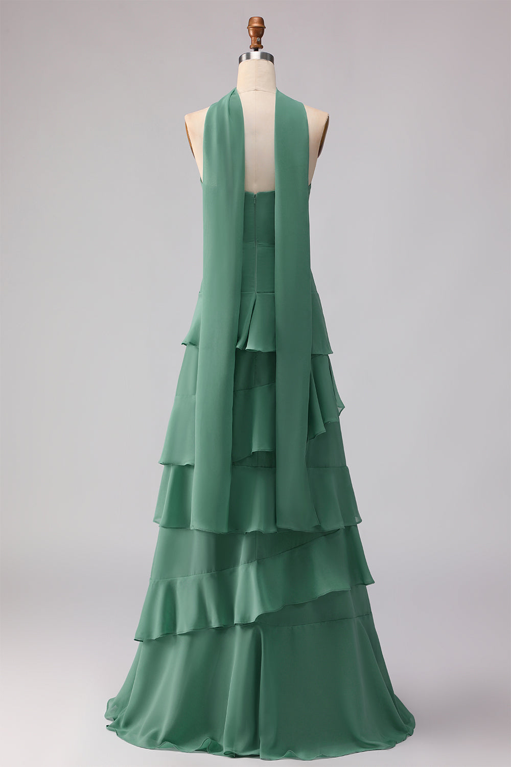 Eucalyptus Chiffon Sweetheart Ruffled Long Bridesmaid Dress