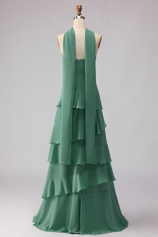 Eucalyptus Chiffon Sweetheart Ruffled Long Bridesmaid Dress