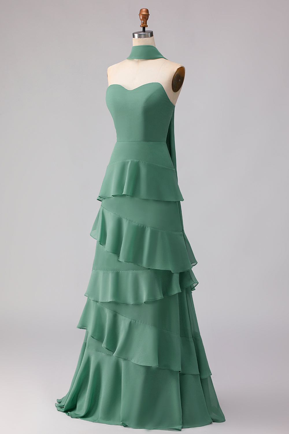Eucalyptus Chiffon Sweetheart Ruffled Long Bridesmaid Dress