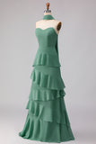 Eucalyptus Chiffon Sweetheart Ruffled Long Bridesmaid Dress