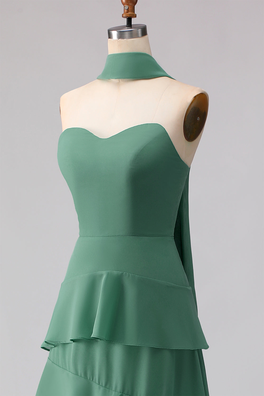 Eucalyptus Chiffon Sweetheart Ruffled Long Bridesmaid Dress