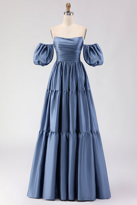 Steel Blue Off the Shoulder Satin Backless Long Bridesmaid Dress