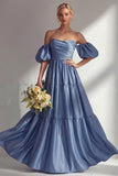 Steel Blue Off the Shoulder Satin Backless Long Bridesmaid Dress