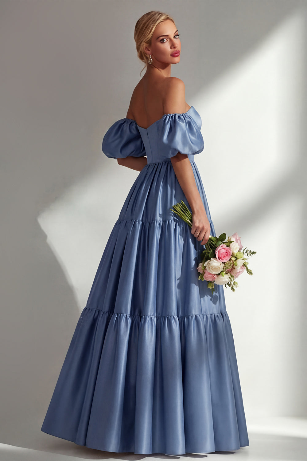 Steel Blue Off the Shoulder Satin Backless Long Bridesmaid Dress