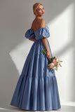 Steel Blue Off the Shoulder Satin Backless Long Bridesmaid Dress