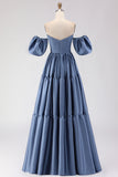 Steel Blue Off the Shoulder Satin Backless Long Bridesmaid Dress