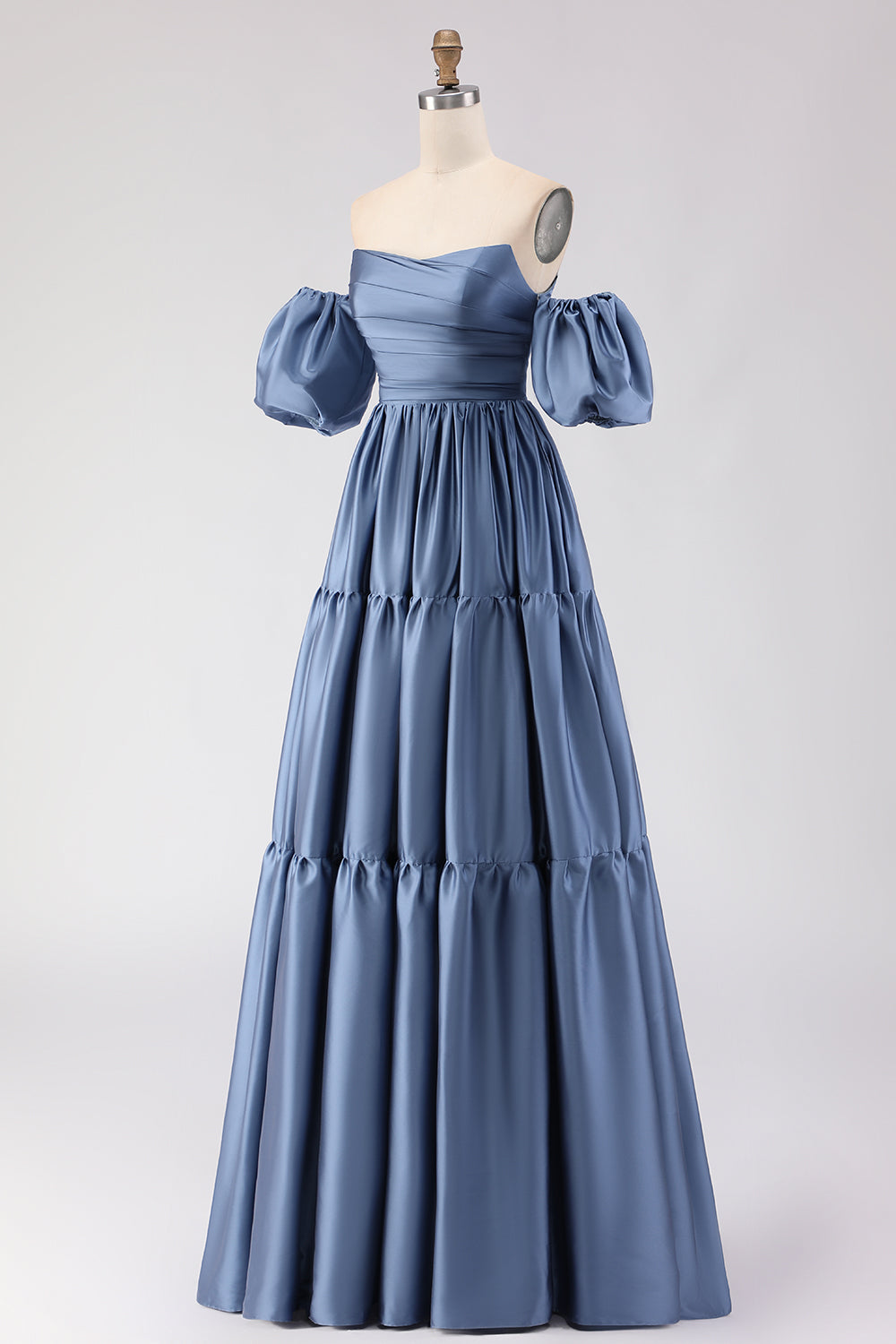 Steel Blue Off the Shoulder Satin Backless Long Bridesmaid Dress